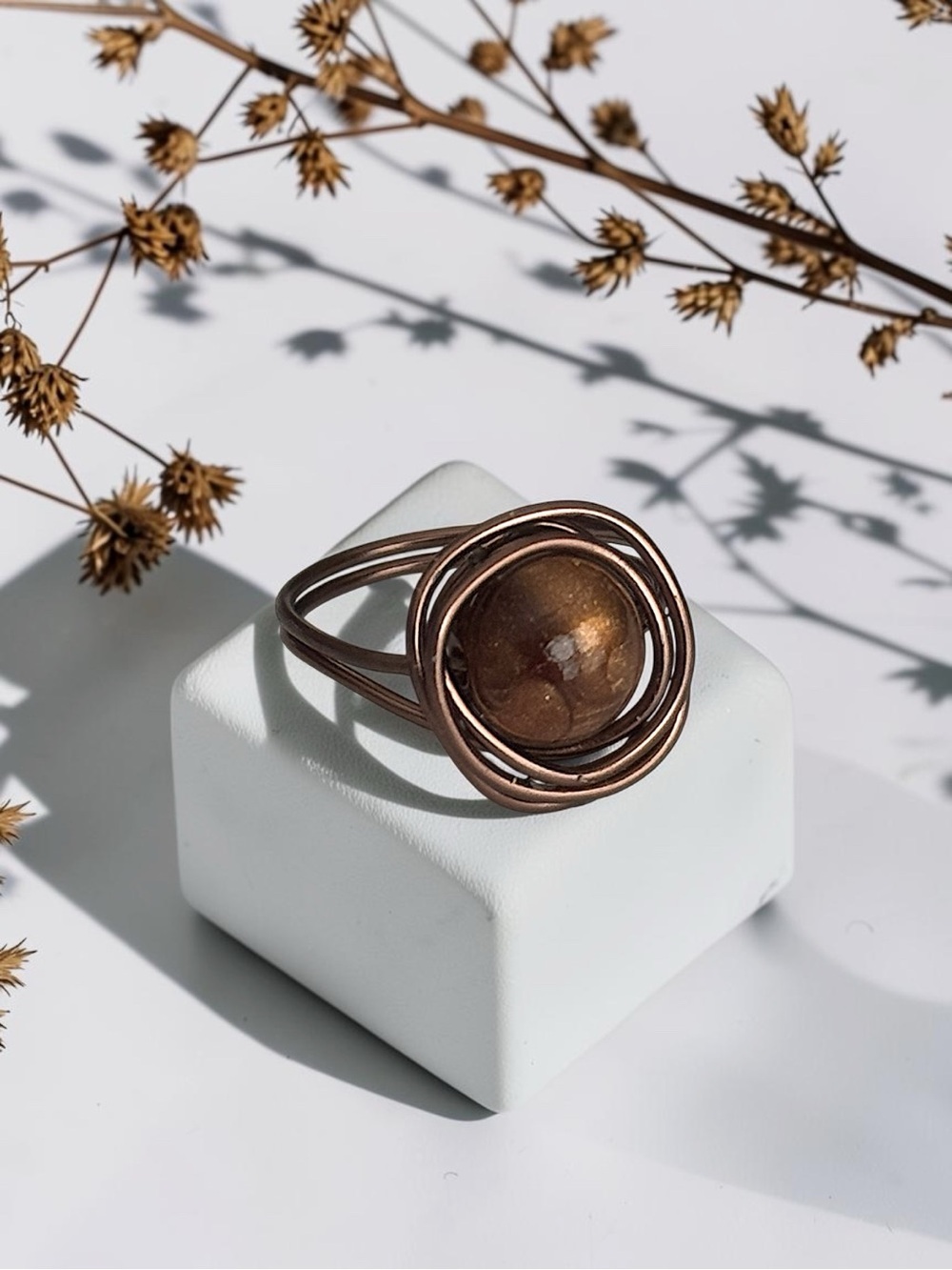 5 For $25💫Handcrafted Bronze Wire Nest Ring With a Brown Acrylic Bead Accent